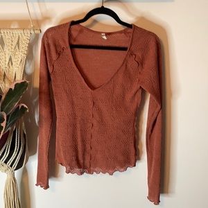 Intimately Free People stretch long sleeve pattern ribbed vneck lettuce Y2K